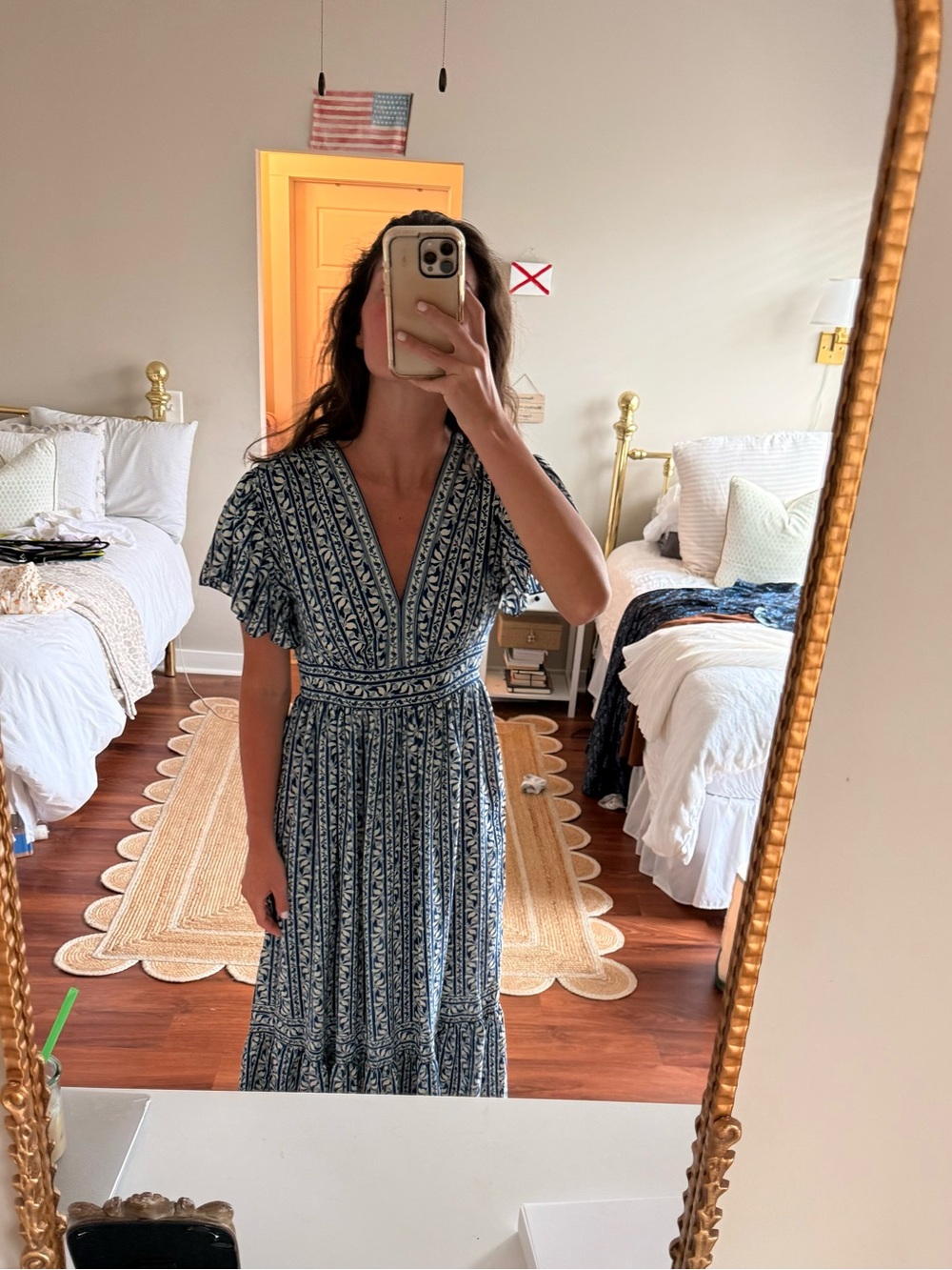 Blue Patterned V-Neck Maxi Dress